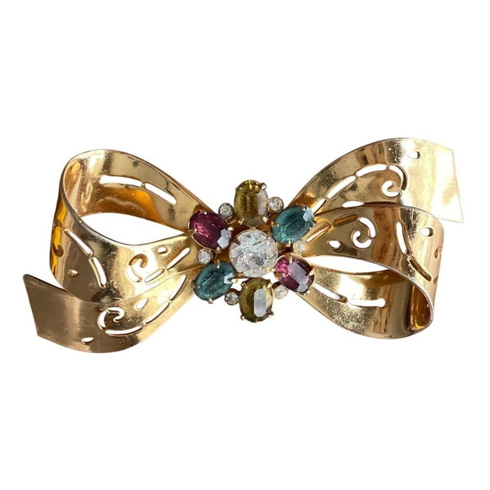 Vintage Coro Retro MCM Art Deco Filigree Bow Multicolor Rhinestone Brooch Pin